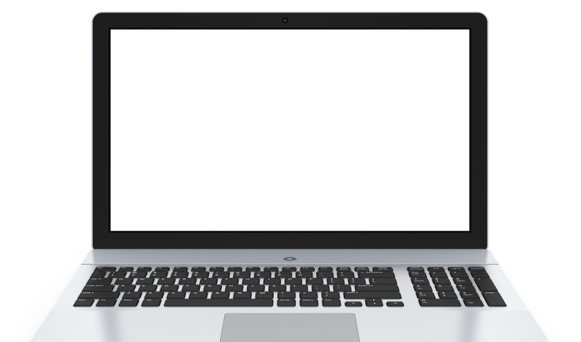 Modern metal office laptop or silver business notebook with blank screen isolated on white background with reflection effect