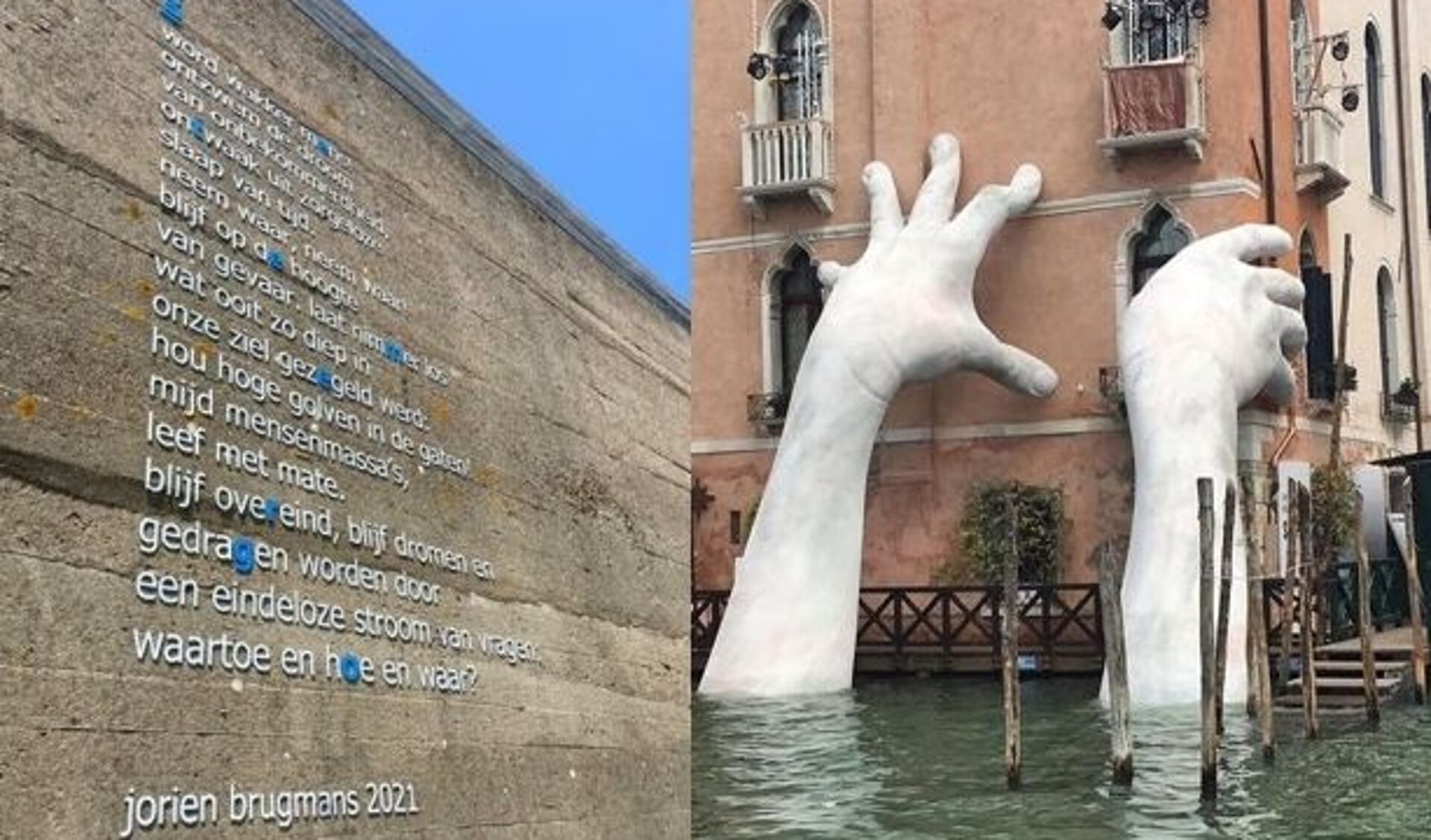 Gedicht Luctor, Jorien Brugmans op caisson museum | Foto: 'Rise from the water', Lorenzo Quinn in Venetië