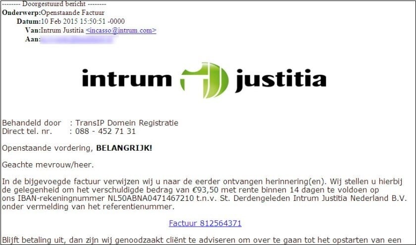 Een nepmailtje van een incassobureau.