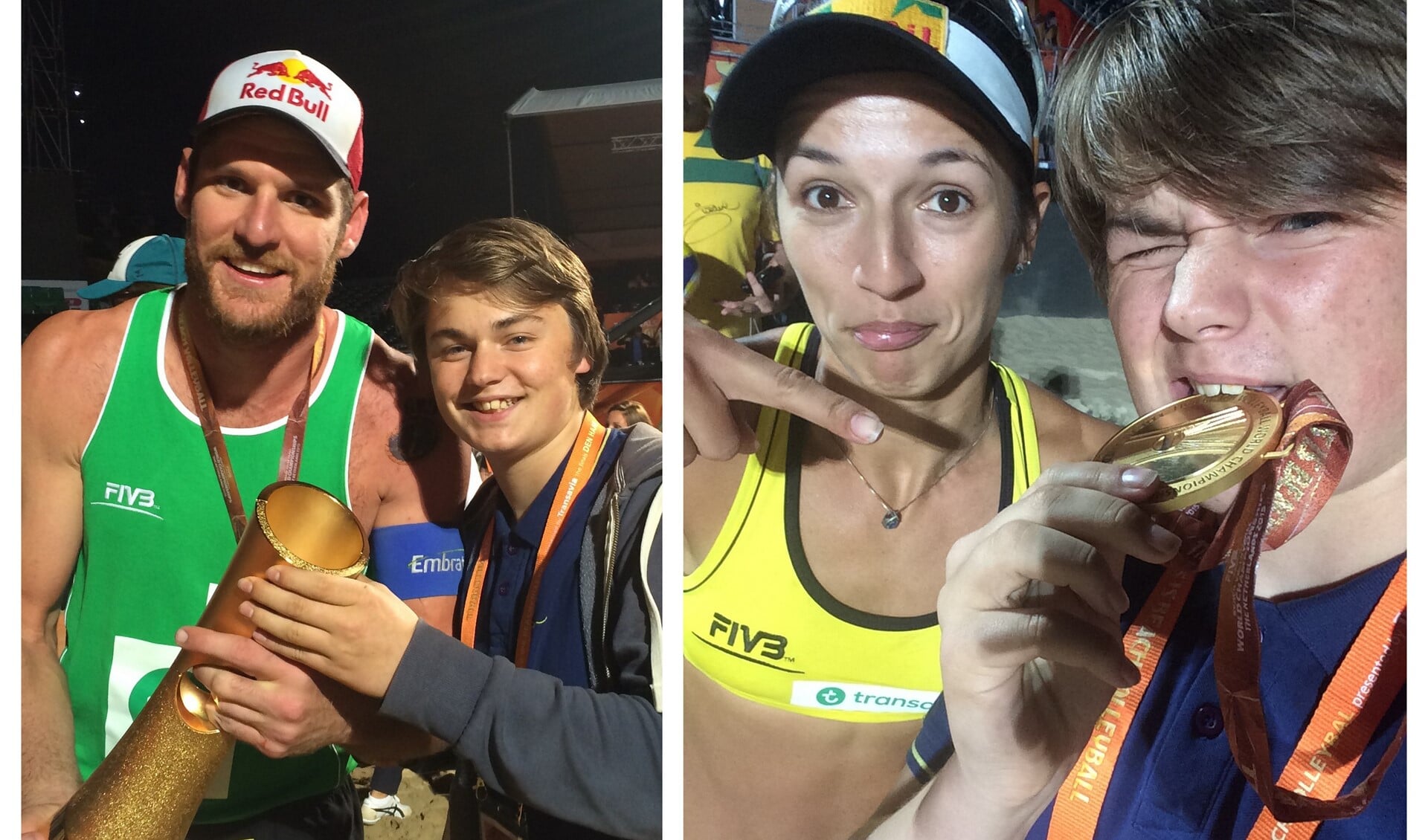 Jonas Bloemen met wereldkampioen Alison Cerutti en met wereldkampioene Barbara (foto: PR WK Beachvolleybal Nederland 2015).