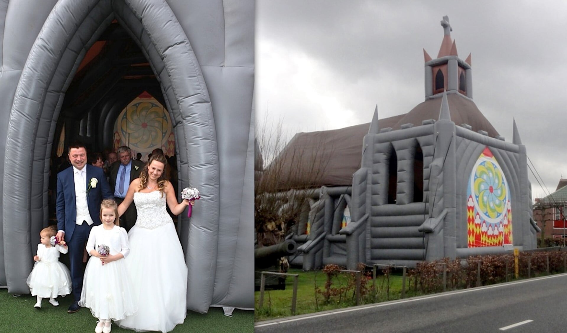 Het bruidspaar verlaat getrouwd de opblaasbare kerk die stond in de tuin van Hofstede Van den Honaert.