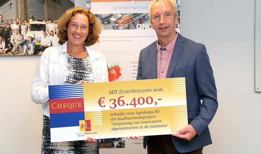 Gedeputeerde Bom-Lemstra overhandigde dinsdag 16 augustus directeur Jan Barendse van Agrobrains BV uit ’s Gravenzande €36.400,- aan subsidie symbolisch uit voor zijn project “Toepassing van innovatieve algenextracten in de tuinbouw”. Dit gebeurde
bij het laboratorium van Groen Agro Control in Delfgauw dat door Agrobrains ingeschakeld wordt bij de uitvoering van dit haalbaarheidsproject.