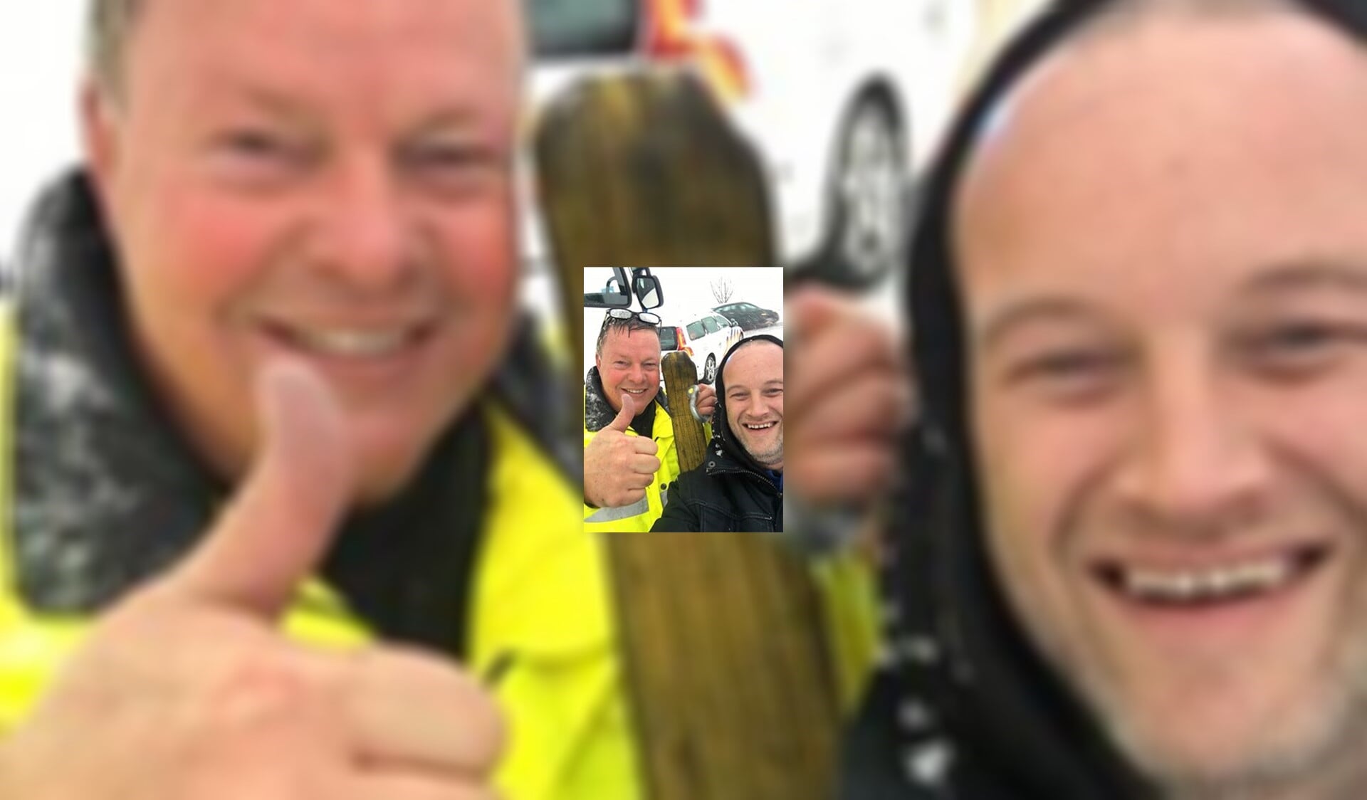 De politieman en de trucker maken een selfie op de goede afloop!