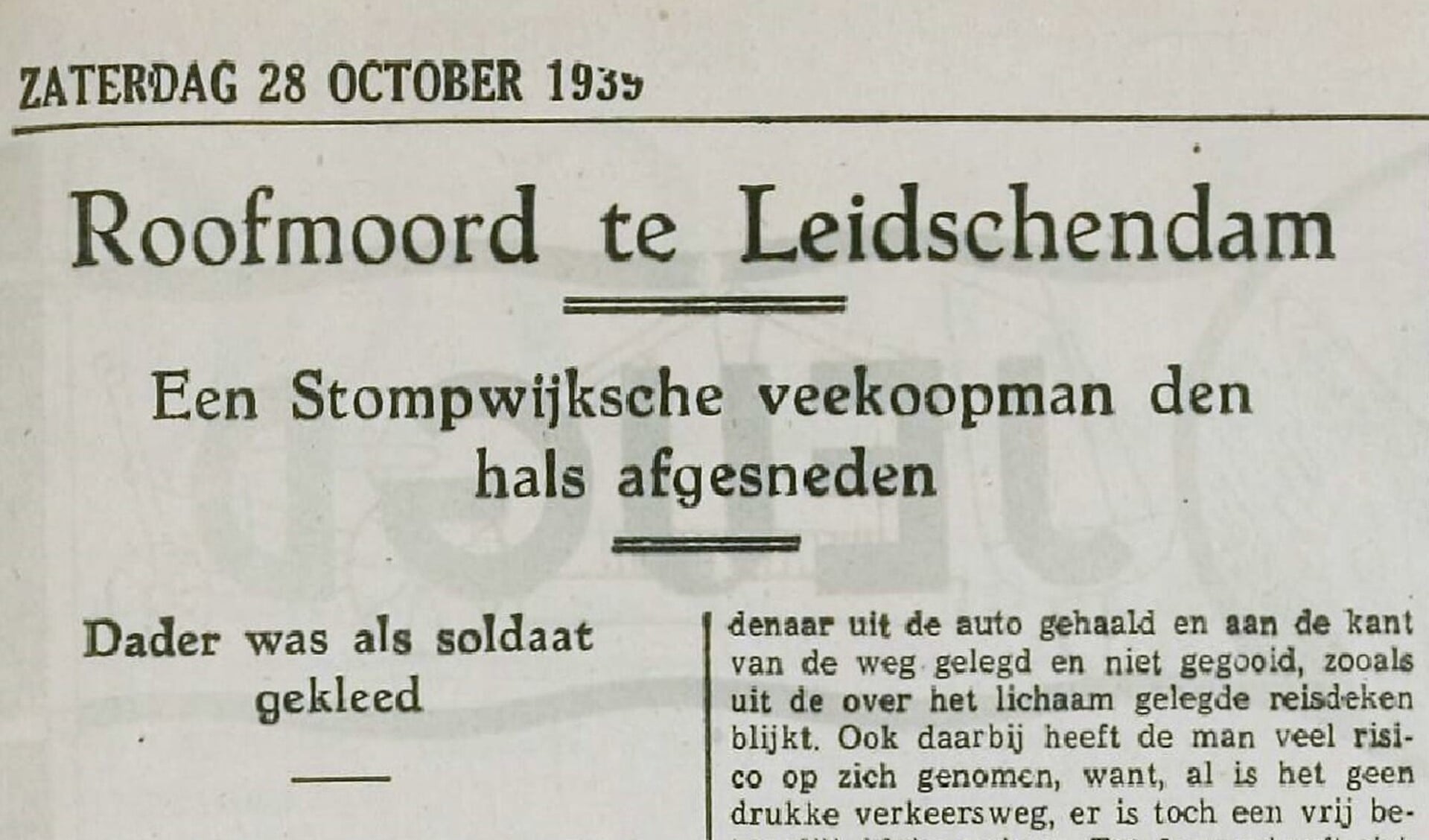 Krantenknipsel van de roofmoord op de Stompwijkse veehandelaar Cornelis Gijsbertus van der Horst.