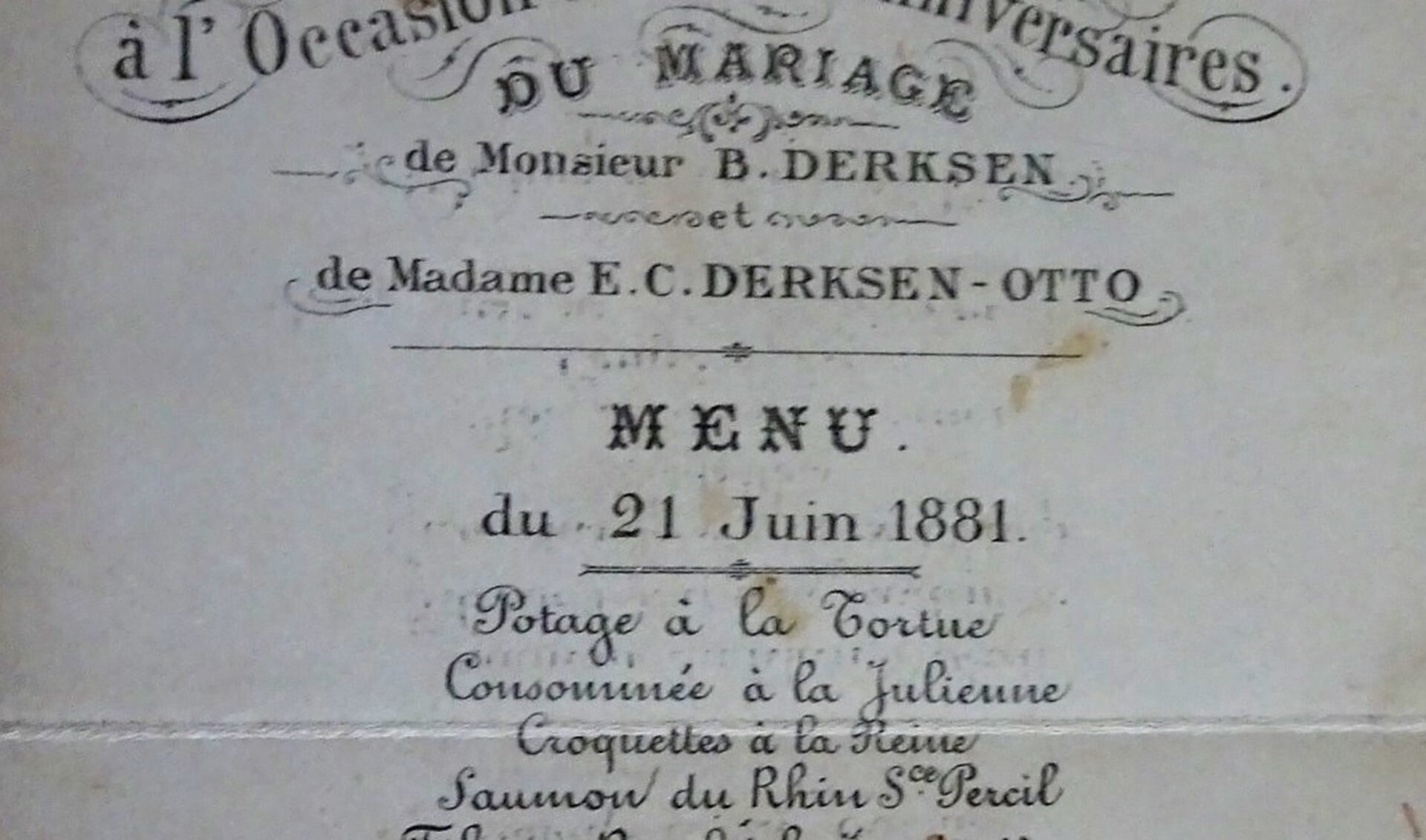 Het menu van de 25-jarige bruiloft van het echtpaar Derksen en Otto op 21 juni 1881.
