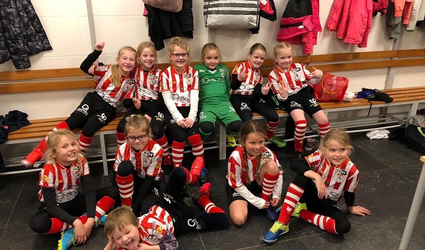 Het voltallige DSVP meidenteam van JO8-4M, aangevuld met 1 speler van JO9* (v.l.n.r.): Saar, Jaylin*, Lois, Liselotte, Mara, Lisa, Senna, Feline, Cato, Vera, Isis.