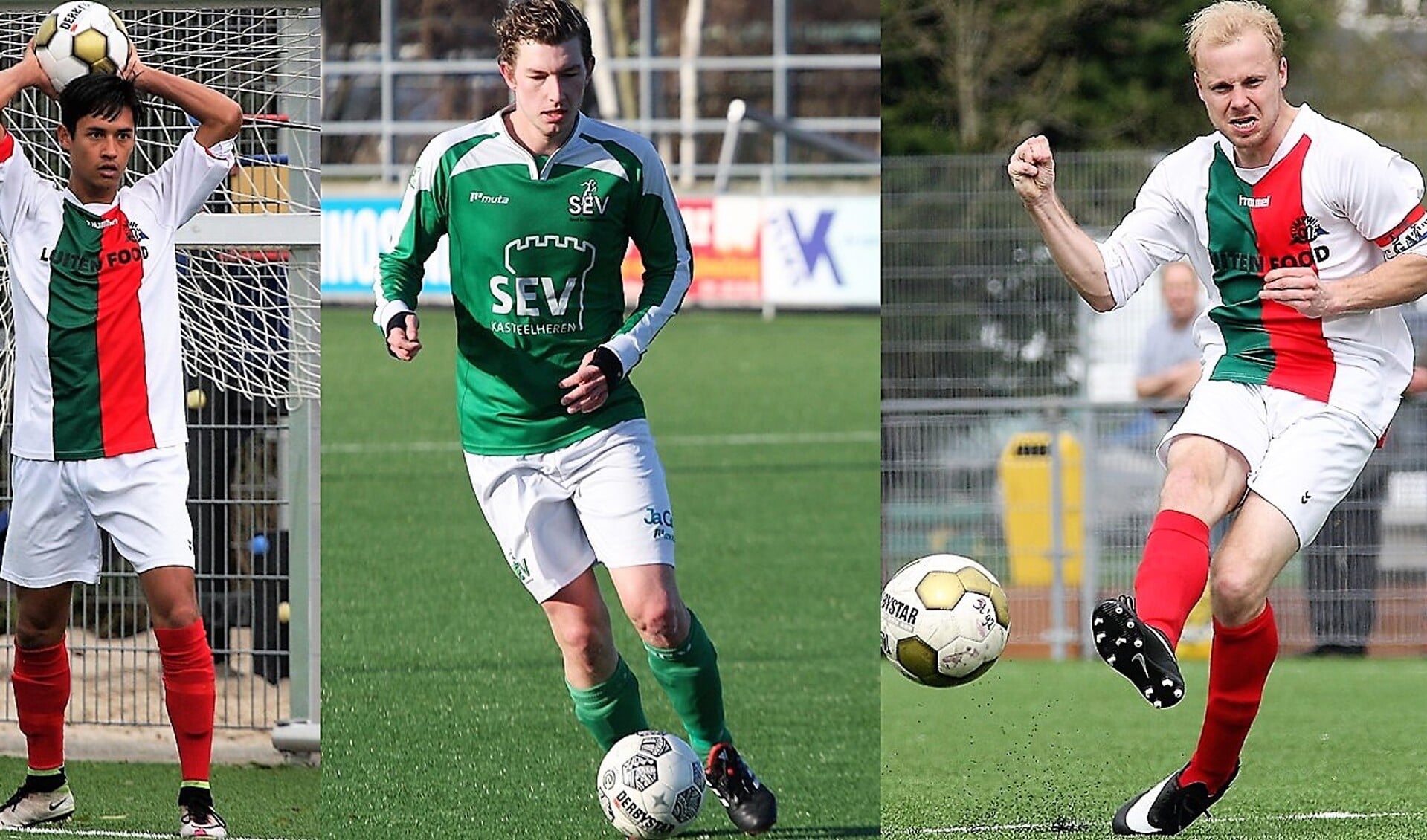 De smaakmakers van het weekend Geus (Stompwijk '92), Janssen (SEV) en Ammerlaan (Stompwijk '92; hier de 2-1) scoorden 8 doelpunten (foto's: AW).