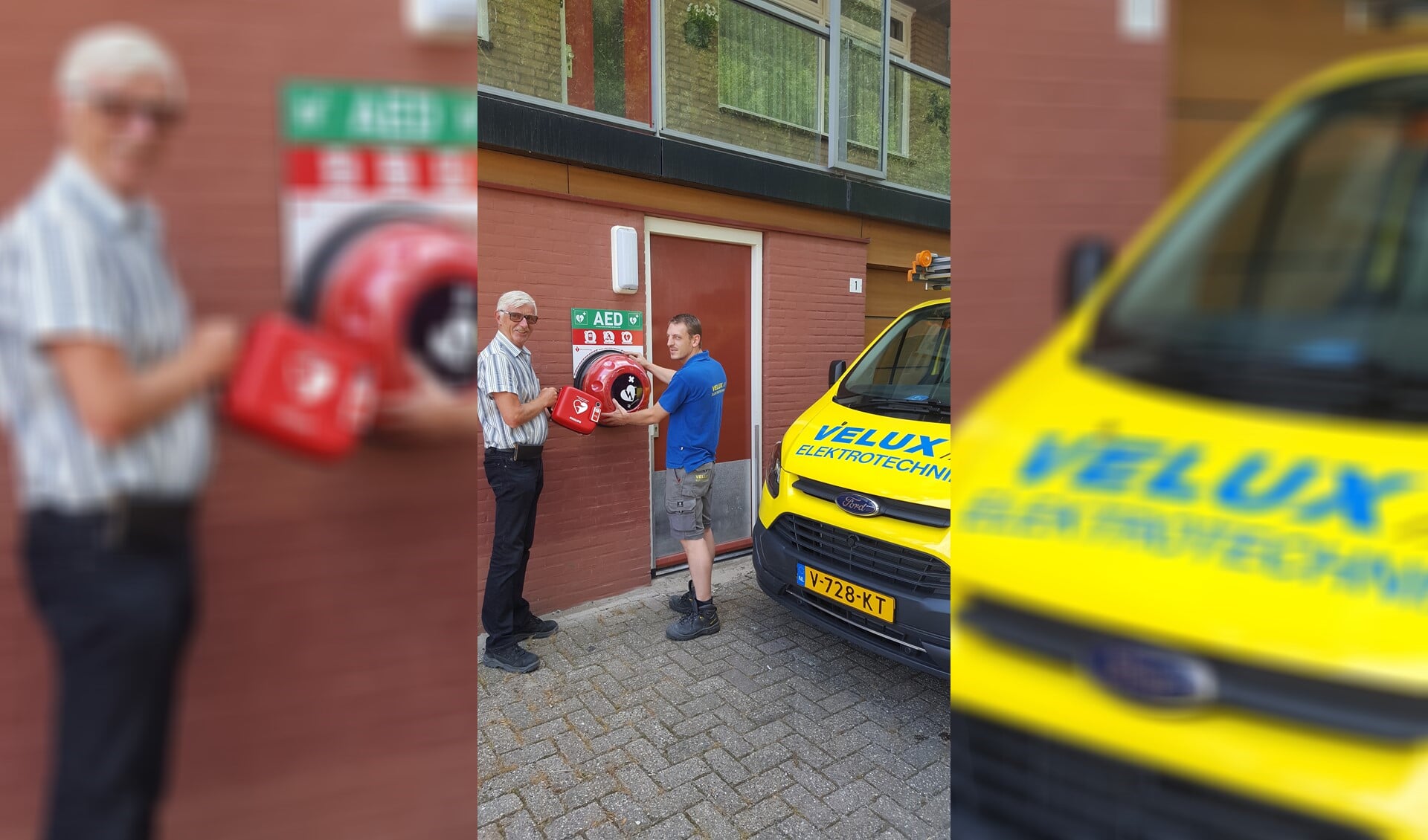 Op de foto overhandigt Cees van der Ende namens St. Evenementen EHBO Pijnacker de AED buitenkast aan Kasper van Velux Elektrotechniek, die net de kast heeft opgehangen.
