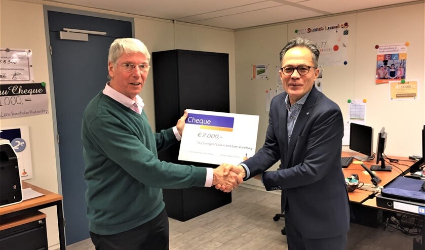 Ben van den Berg van de Rabobank Regio Den Haag (r.) overhandigt de cheque aan Marcel Mooijman van de Stichting Leergeld (foto: pr).