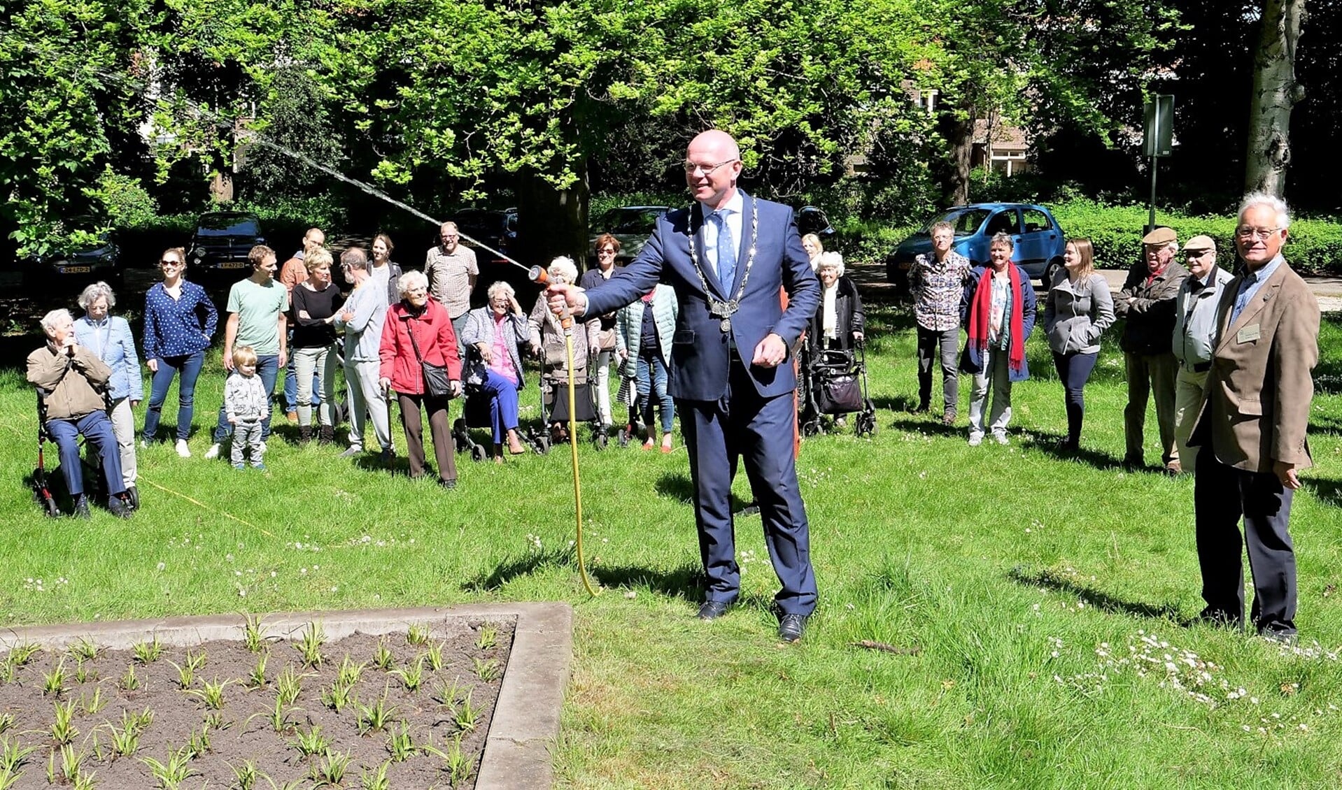 Burgemeester Klaas Tigelaar geeft nieuwe jonge aanplant water met de tuinslang (foto: Ot Douwes).