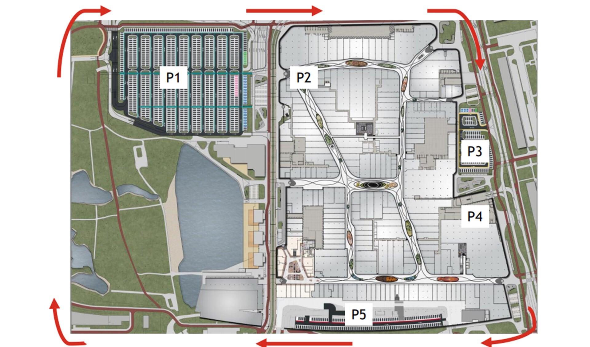 De vijf parkeergarages en -terreinen rondom Mall of the Netherlands (Illustratie: Unibail-Rodamco-Westfield).