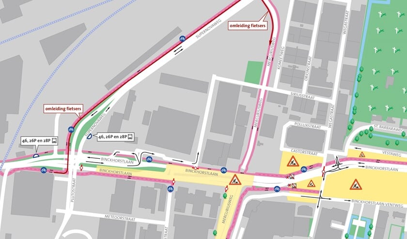 De kruising Binckhorstlaan-Mercuriusweg met omleidingsroutes tijdens de werkzaamheden van 19 juli t/m 1 augustus.