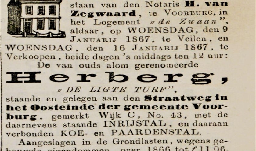 Advertentie van de veiling van het koffiehuis De Ligte Turf in 1867 (archieffoto).