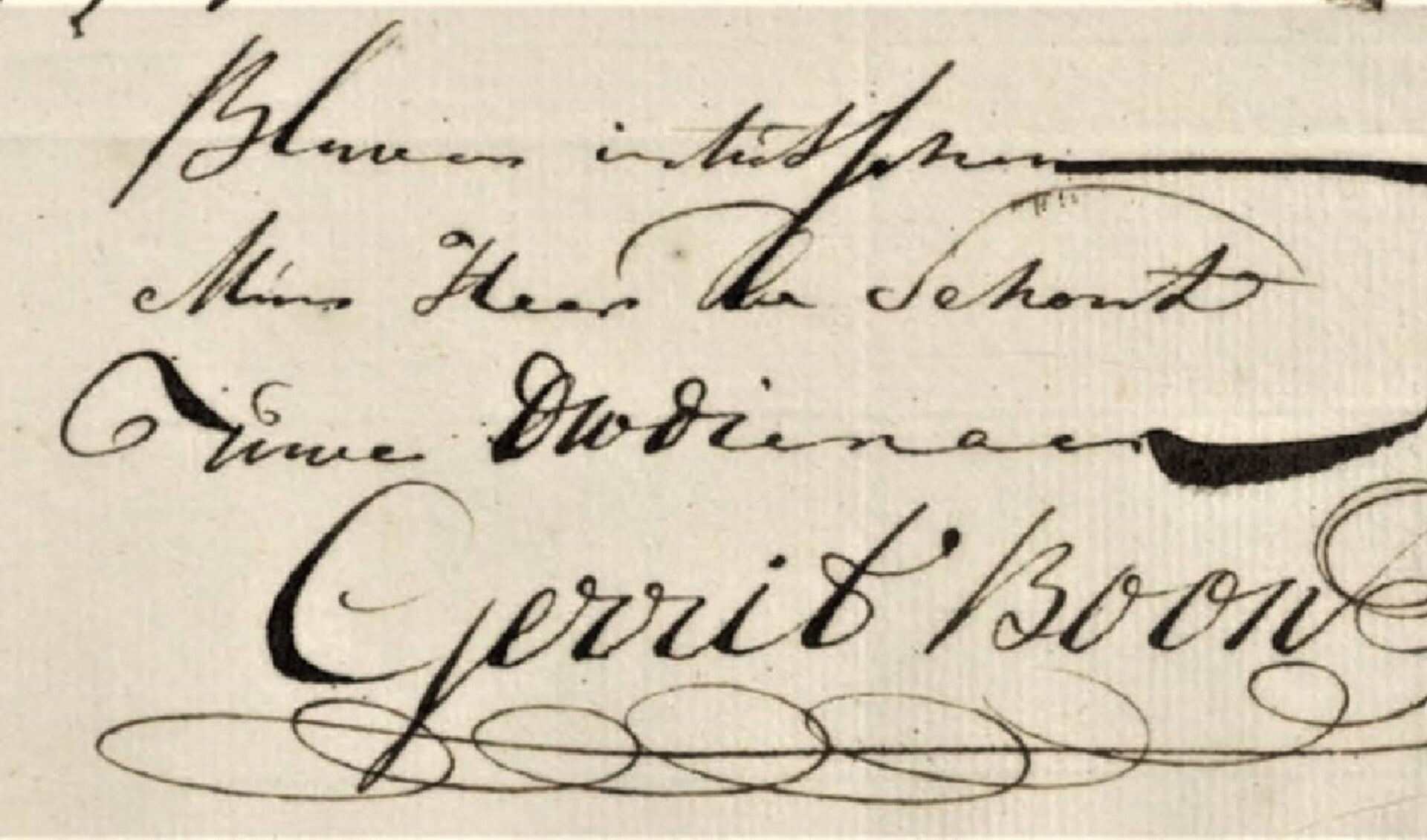 De handtekening van Gerrit Boon die in deze brief aangaf af te zien van een functie als belastingzetter.