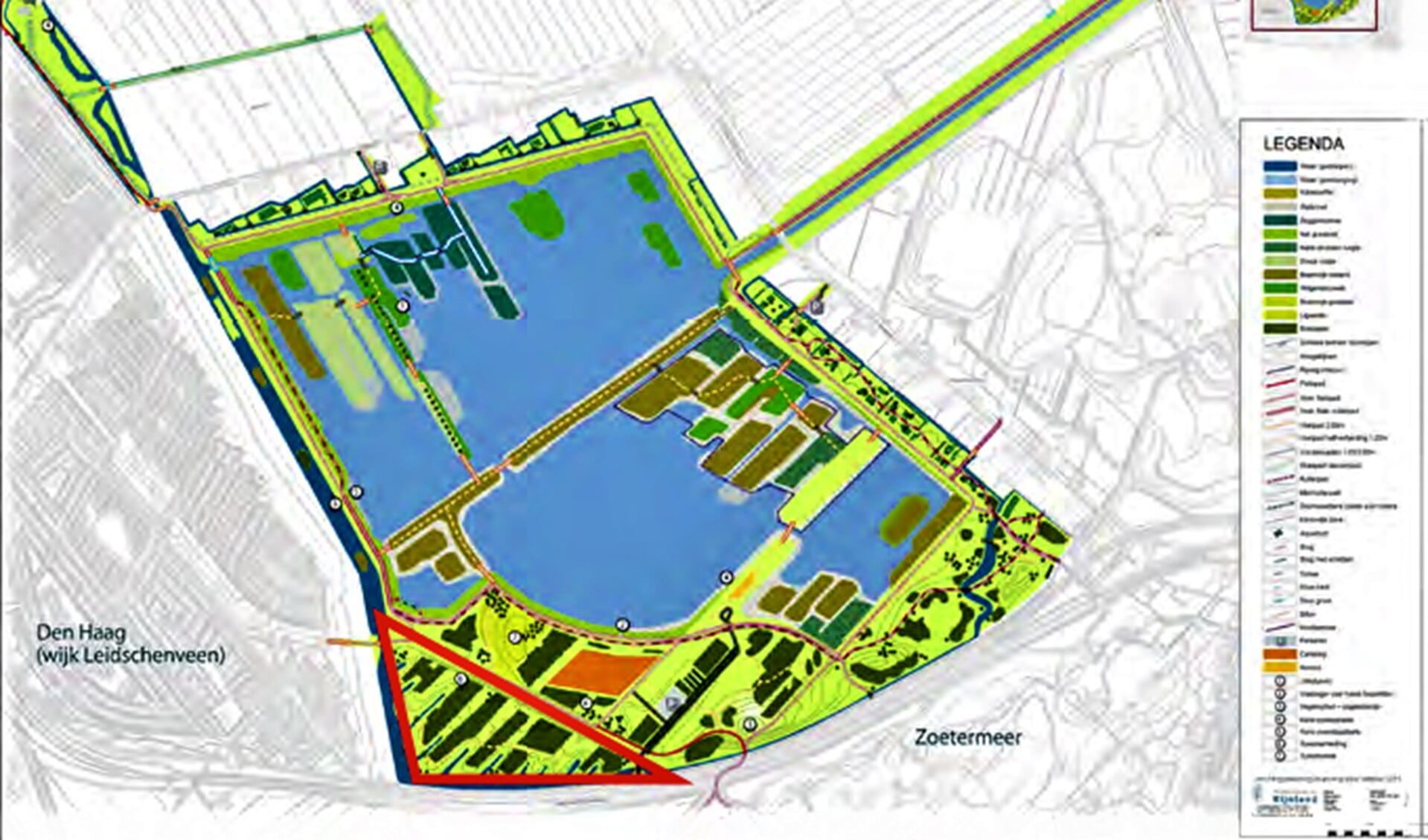 Het gebied (zie rode driehoek) waar het voedselbuurtbos komt in de Nieuwe Driemanspolder.