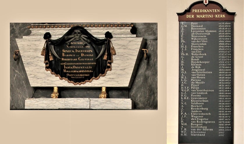 Het bord waarop in de Oude Kerk in het centrum van Voorburg alle namen van de predikanten van 1576 tot heden in mooi geschilderde letters staan, intrigeerde emeritus predikant Pé Wapenaar.