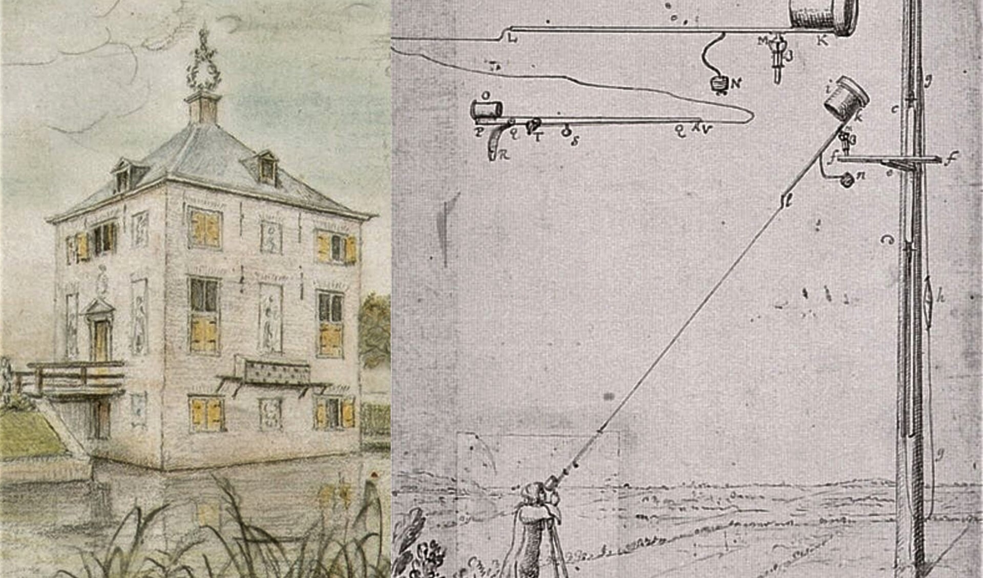 Twee tekeningen van Christiaan Huygens, Hofwijck & de buisloze telescoop (foto: pr Huygens' Hofwijck).