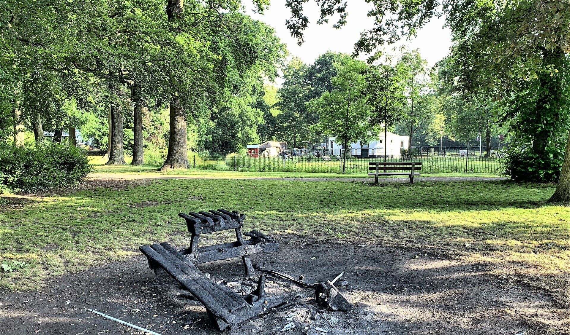 De afgebrande picknicktafel in het park (foto: NivenPress).