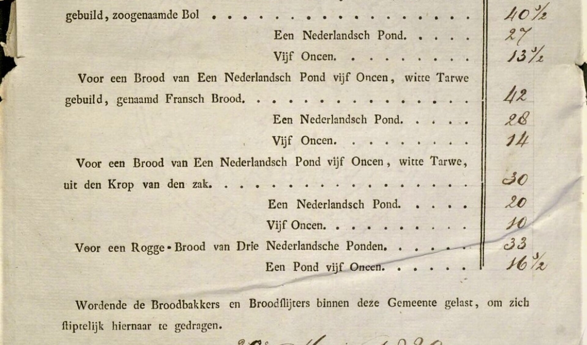 Op 30 mei 1929 legde de gemeente Veur de broodprijs aan banden, getuige dit document.