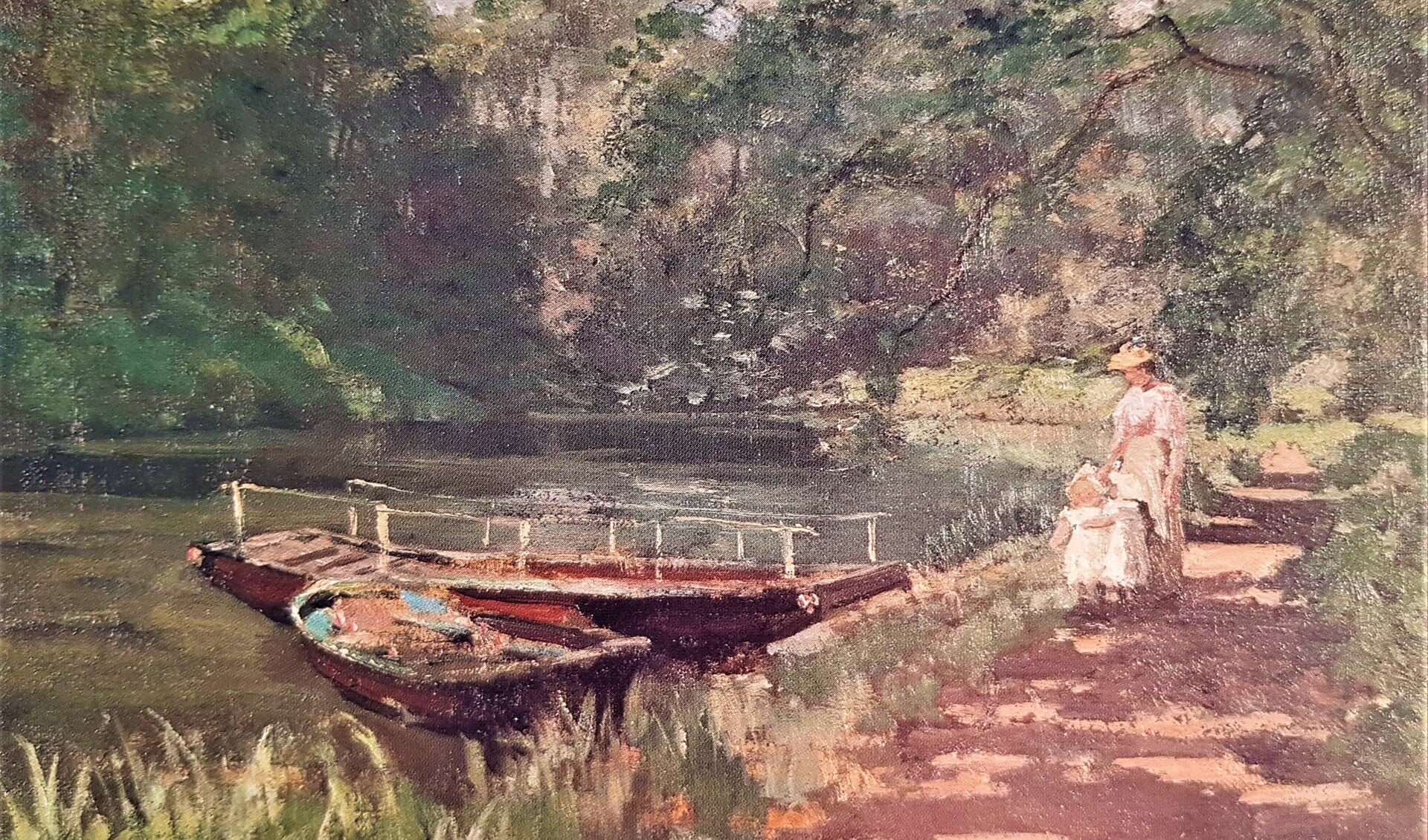 Een Zocherbootje, vernoemd naar landschapsarchitect J.D. Zocher jr.. Titel: Wandeling langs de Vliet, schilder: J.A. De Jonge, circa 1895.