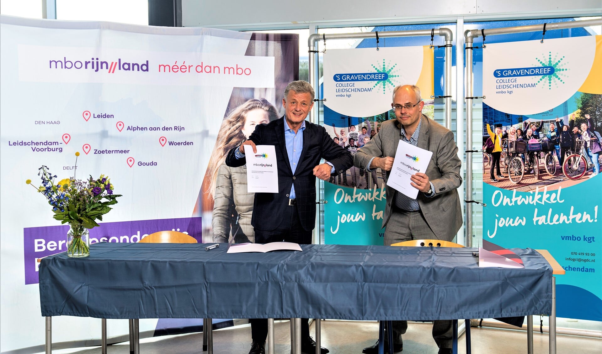 Ondertekening samenwerkingsovereenkomst MBO Rijnland en s-Gravendreef College (foto: Hielco Kuipers).