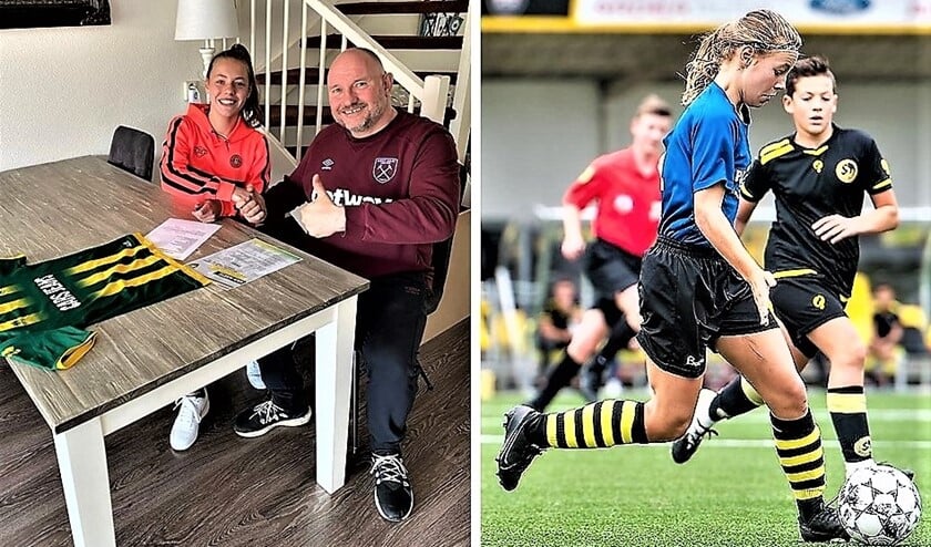 Daisy de Zwart in Wilhelmus JO14-1 en aan tafel met ADO Den Haag MO16-trainer Alex Scholte.