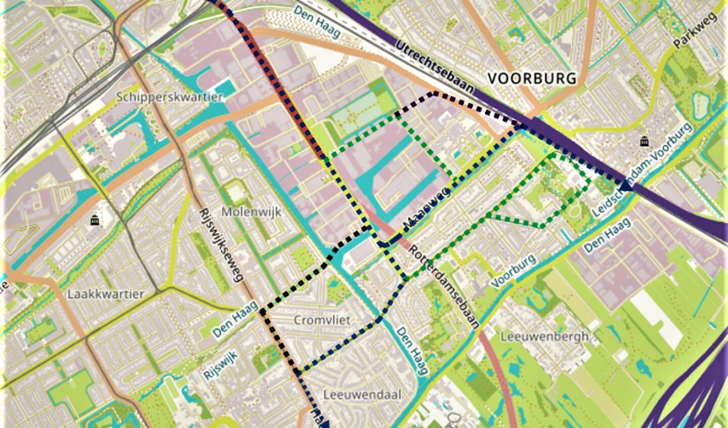 Kaartje met de tracés van het openbaar vervoer van en naar het CID Binckhorst, onder meer ook naar en door Voorburg (illustratie: gemeente LV).