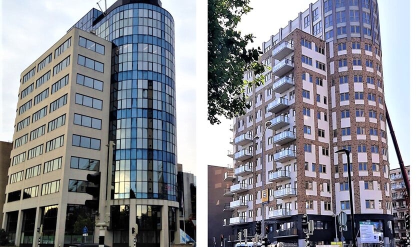 <p>Het Burgemeester Feithplein voor (l.) en na de transformatie van kantoren naar woningen (foto: pr).</p>