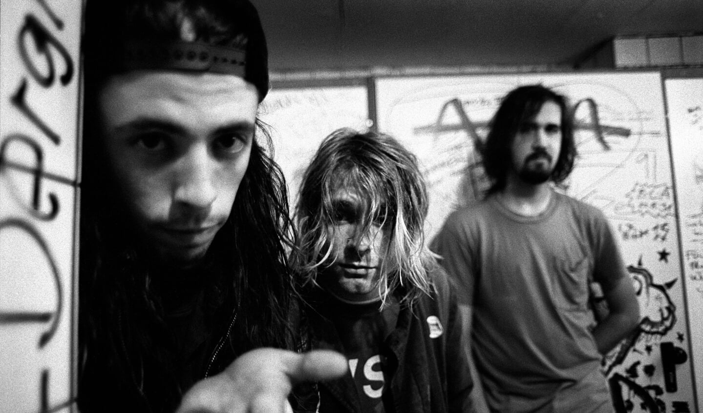 12-11-1991 Frankfurt Nirvana. Left to right Dave Grohl (drums), Kurt Cobain (vocals/guitar) and Krist Novoselic (bass). Grunge from Seattle. Foto: Paul Bergen