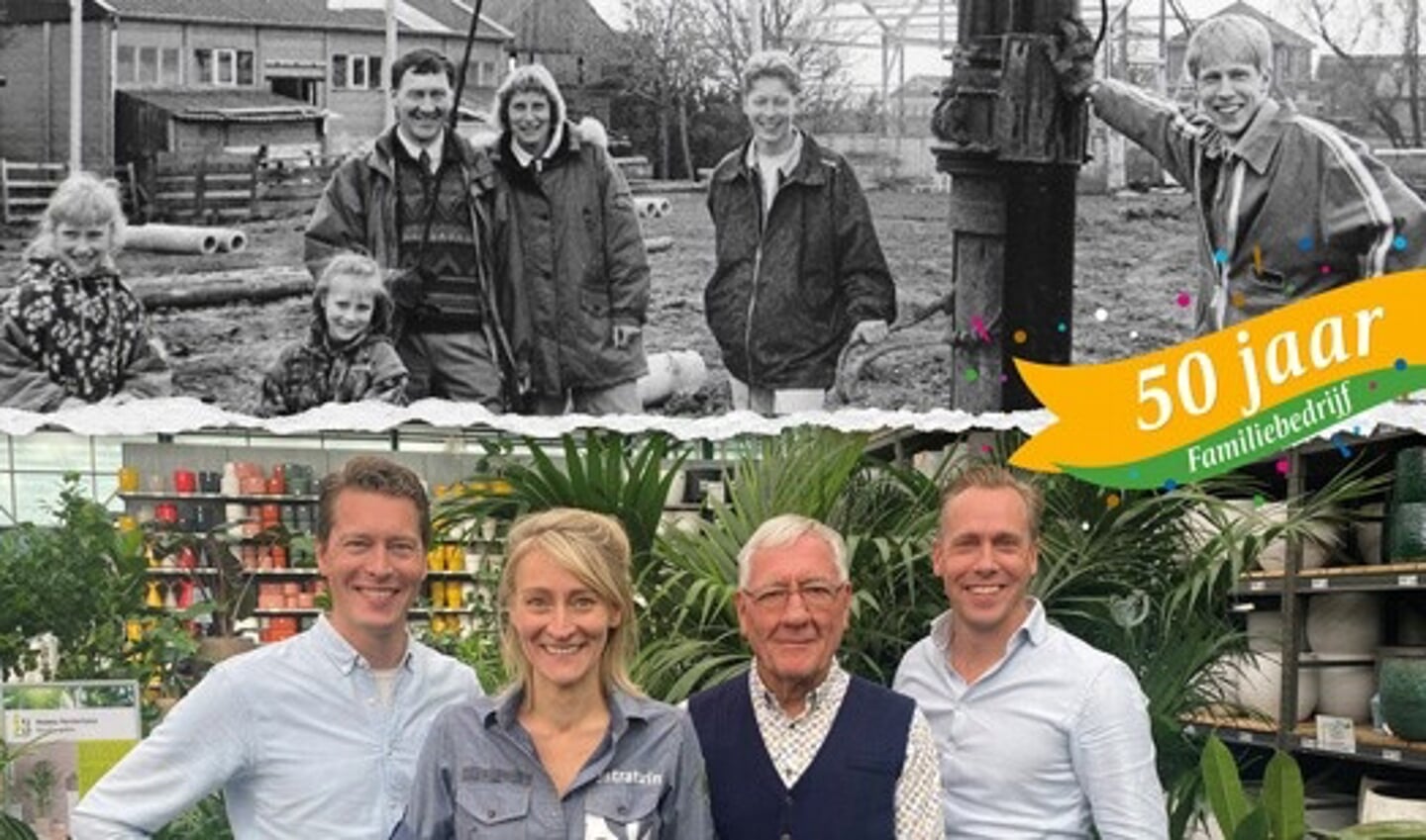 De familie Droogh bij de start van de verkoop van bomen en planten vanuit de schuur en inmiddels vanuit een mooi groot woonwarenhuis.
