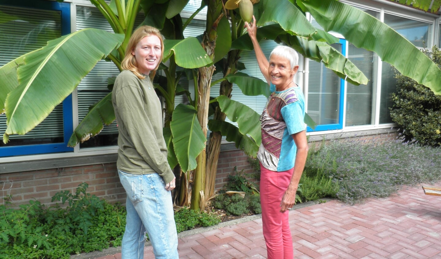 Milou van Loenen (links) en Karin van der Lee bij de bananenboom in de sfeervolle binnentuin. Foto Kees van Rongen