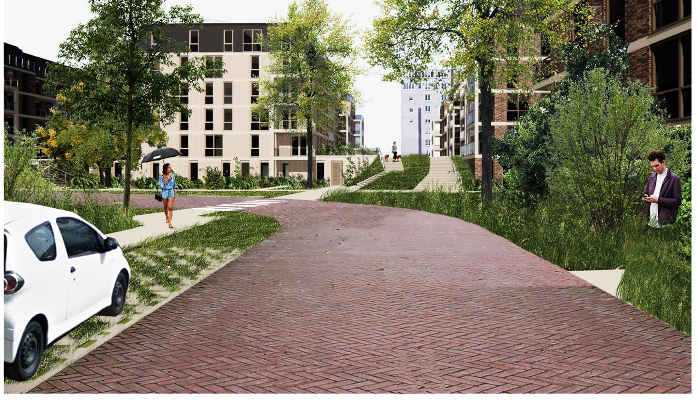 Artistimpression van hoe de locatie Klein Plaspoelpolder / Nieuwe Havenstraat eruit komt te zien (afbeelding: DS Landschapsarchitecten).