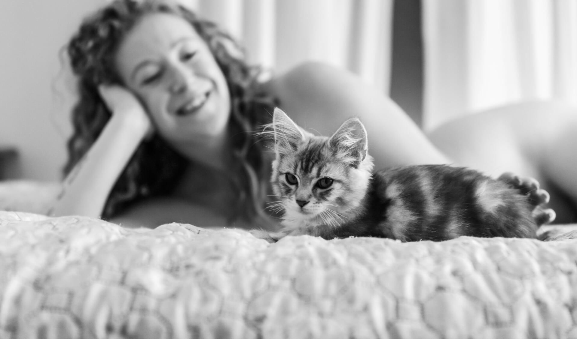 Vrouwelijk naakt en katten roepen vaak een zacht en warm beeld op en dat zie je op de foto's (foto: Susanne van der Kleij).