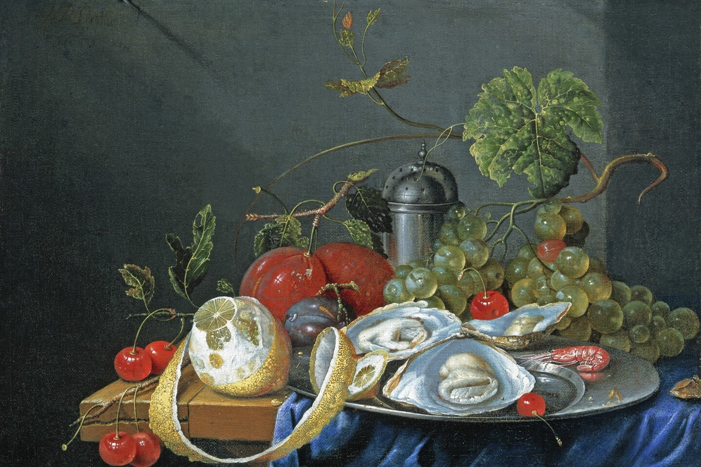 Guilliam van Deynum (Antwerpen ca. 1575 – Brussel na 1624), Stilleven met fruit en oesters op een tinnen schaal, ca. 1655. 