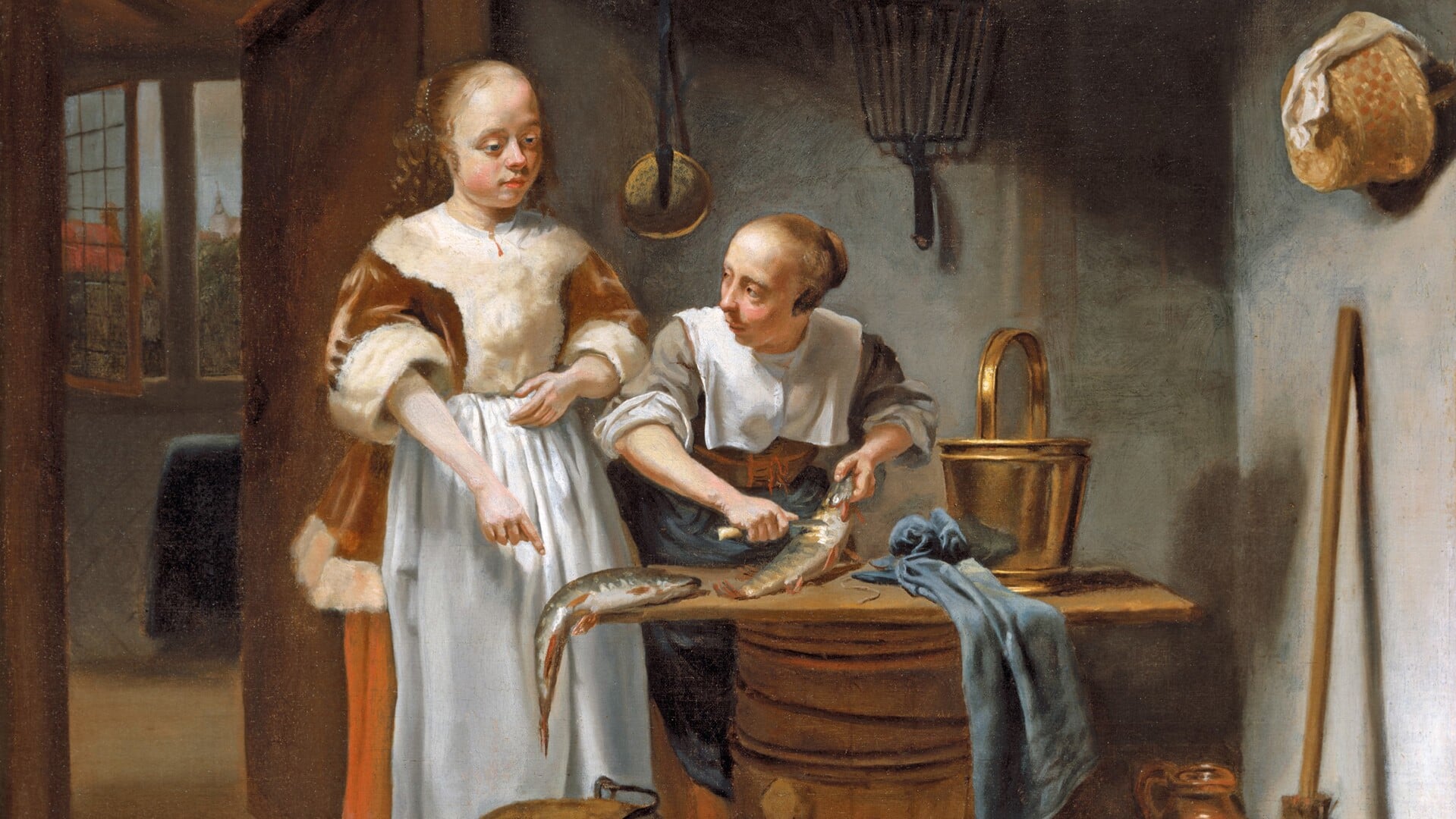 Justus de Gelder (Dordrecht 1650 – Vianen na 1707), Twee jonge vrouwen in een keuken, 1671.