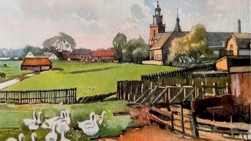 Een aquarel van het dorp Zoetermeer door Bernard van Vlijmen, 1934. voor plaatjesalbum: Zwerftochten in ons land, uitgegeven door NV Koek- en beschuitfabriek G. Hille en Zn. Zaandam 