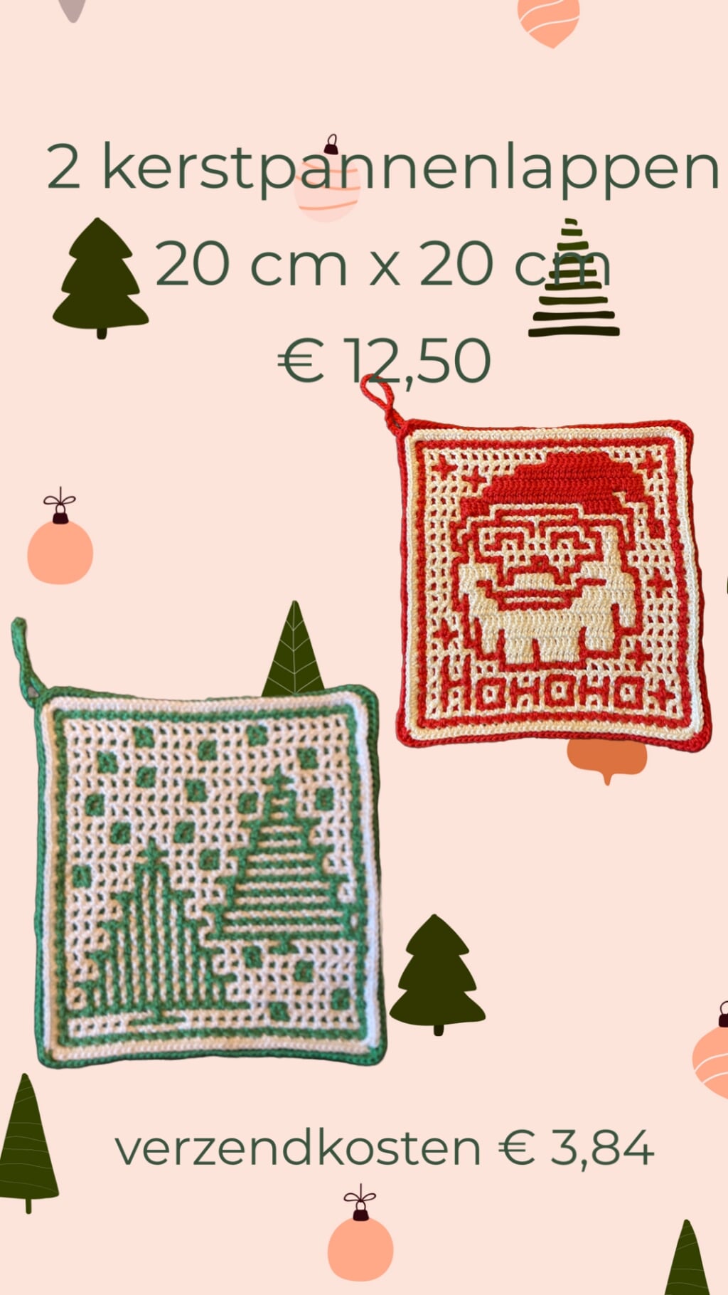 2 zelfgehaakte kerstpannenlappen