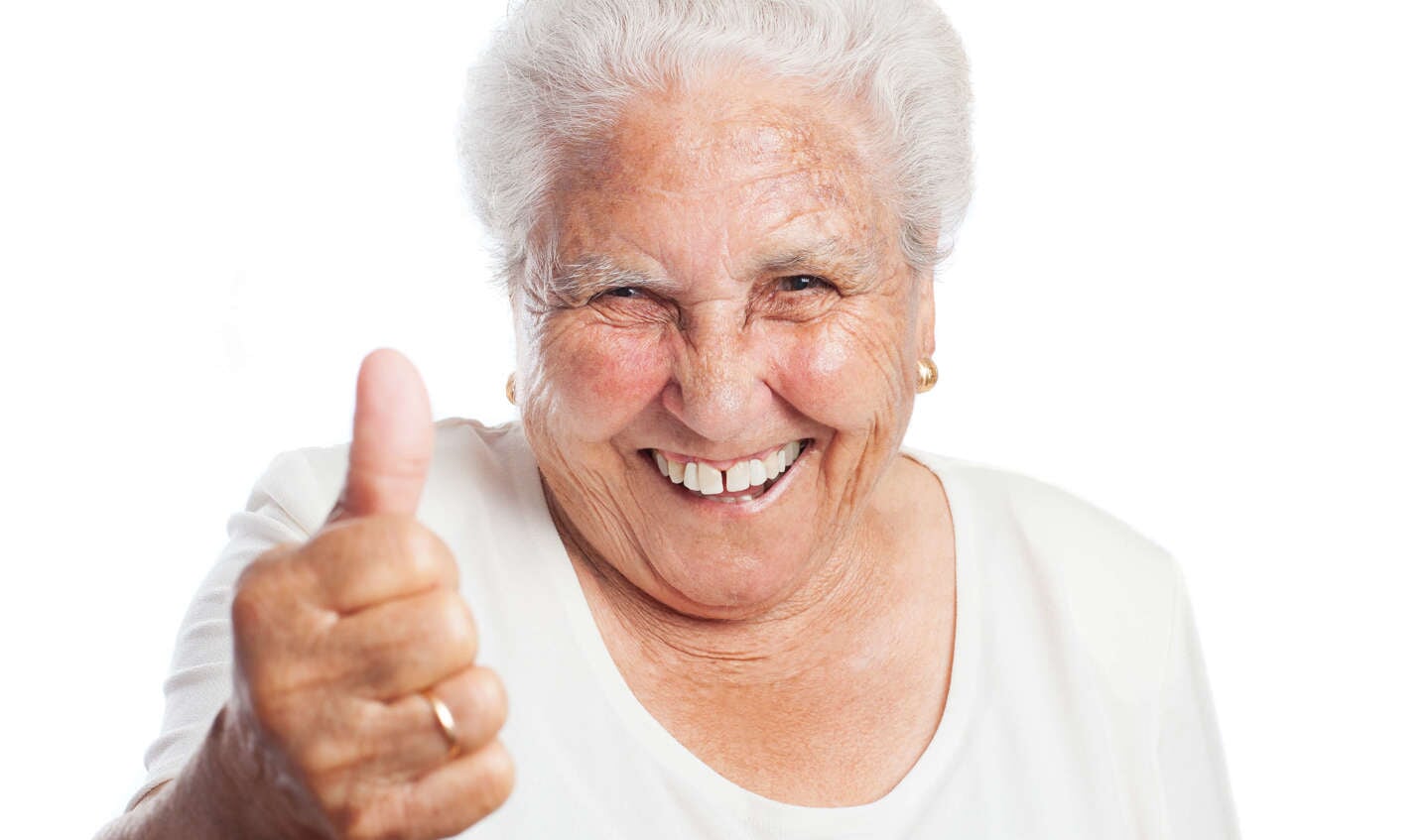 |||||||||||||||||||||||||||||||||||||||||||||||||||old woman thumb up on a white background||||||||