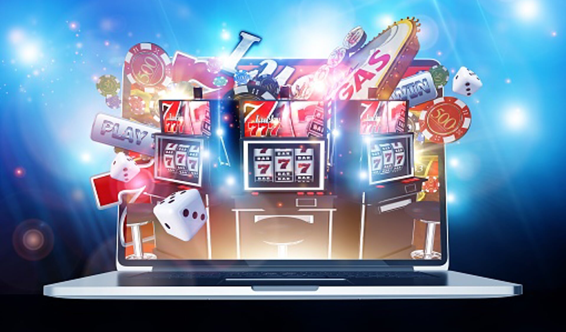 Online Casino Gambling Concept 3D Render Illustration. Las Vegas Casino Games on the Internet. Laptop Computer Concept.