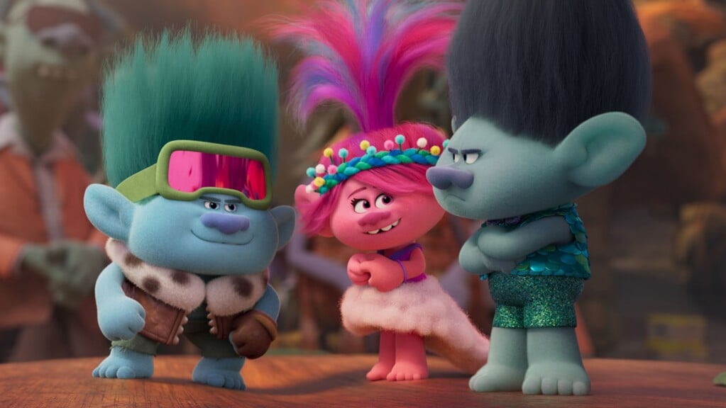 (from left) John Dory (Eric Andre), Poppy (Anna Kendrick) and Branch (Justin Timberlake) in Trolls Band Together, directed by Walt Dohrn.