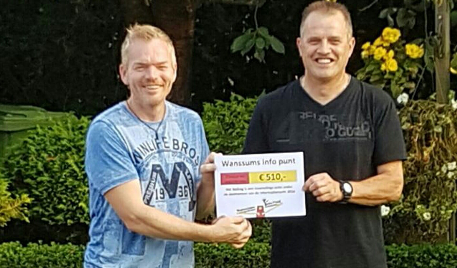 Voorzitter Marcel Deenen (rechts) van het Wanssum Info Punt ontvangt de cheque. 