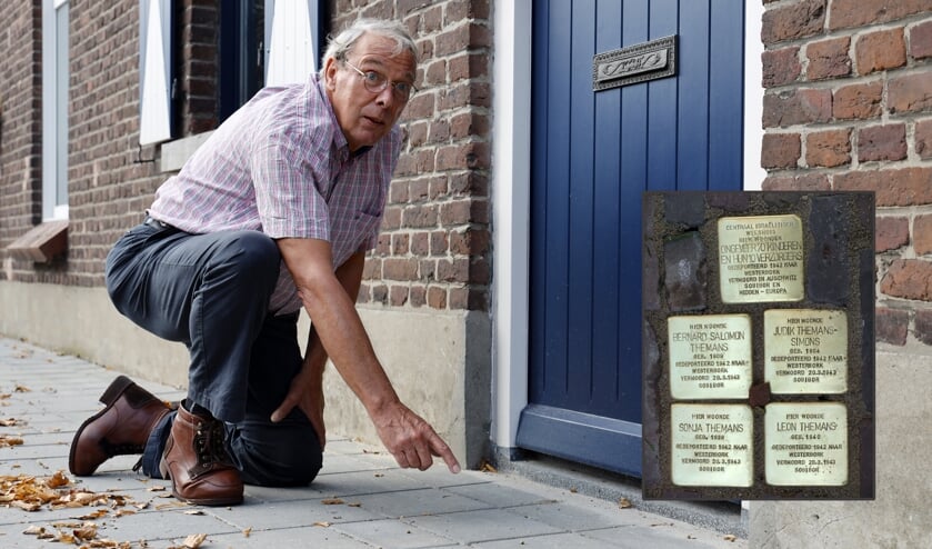 André Poels op de plek bij het adres Hoofdstraat 36 in Oirlo waar twee struikelstenen komen. In de inzet rechts een voorbeeld van Stolpersteine in Utrecht.