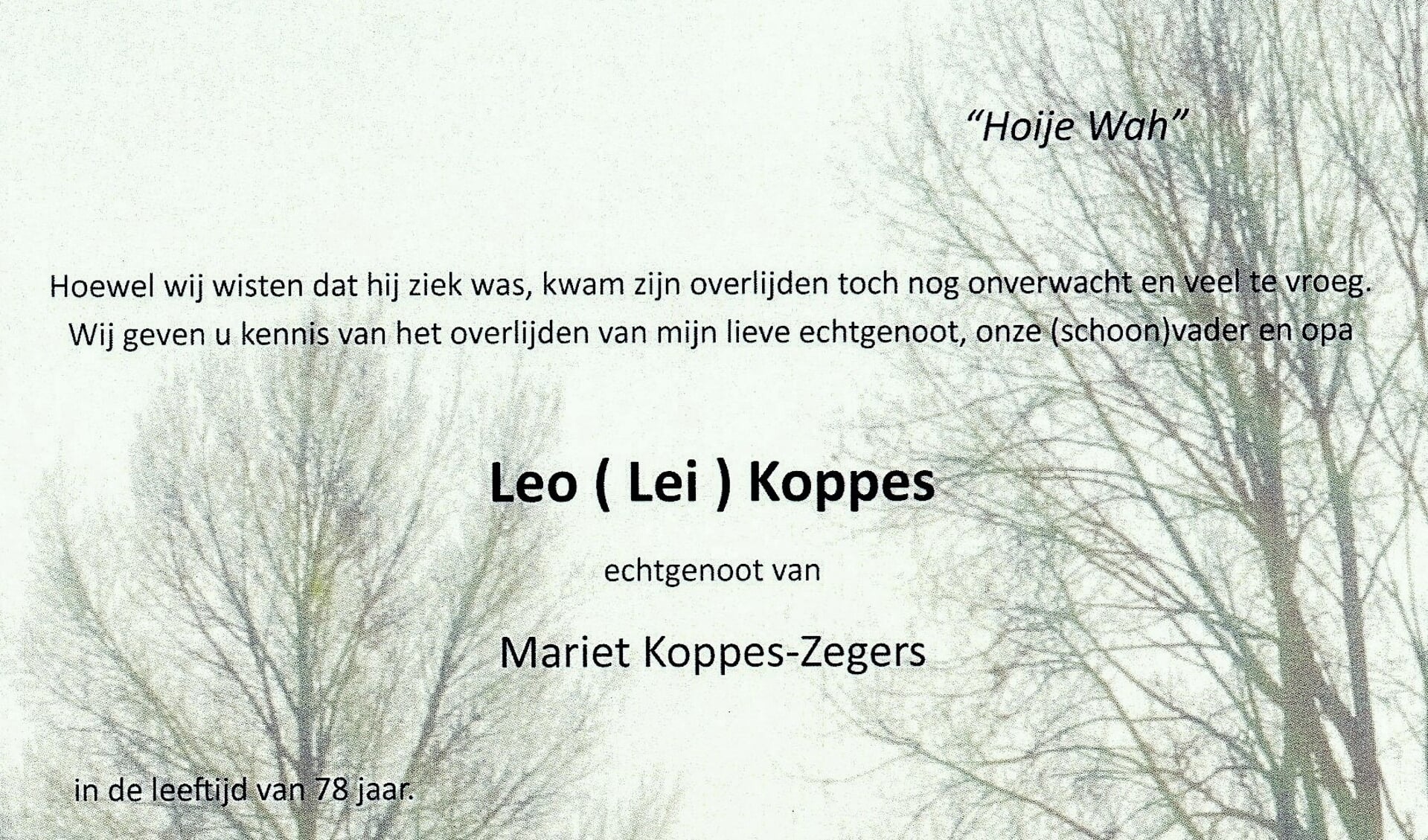 Leo Koppes is op 12 november 2020 overleden