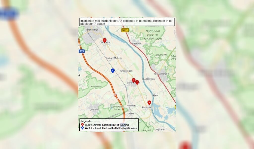 Een overzicht van de inbraaklocaties in de afgelopen week in de gemeente Boxmeer. 
