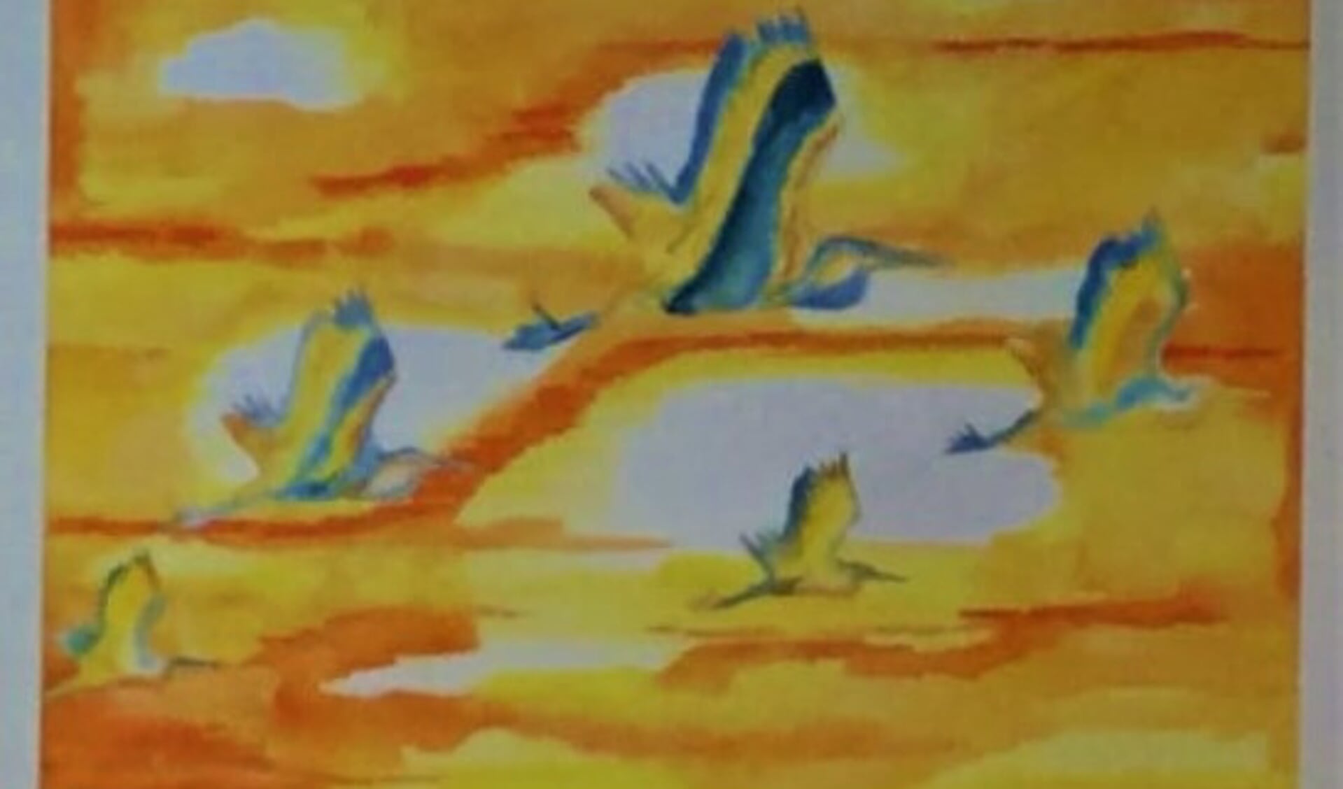 Het aquarel 'Kraanvogels' van Mia van Beurden