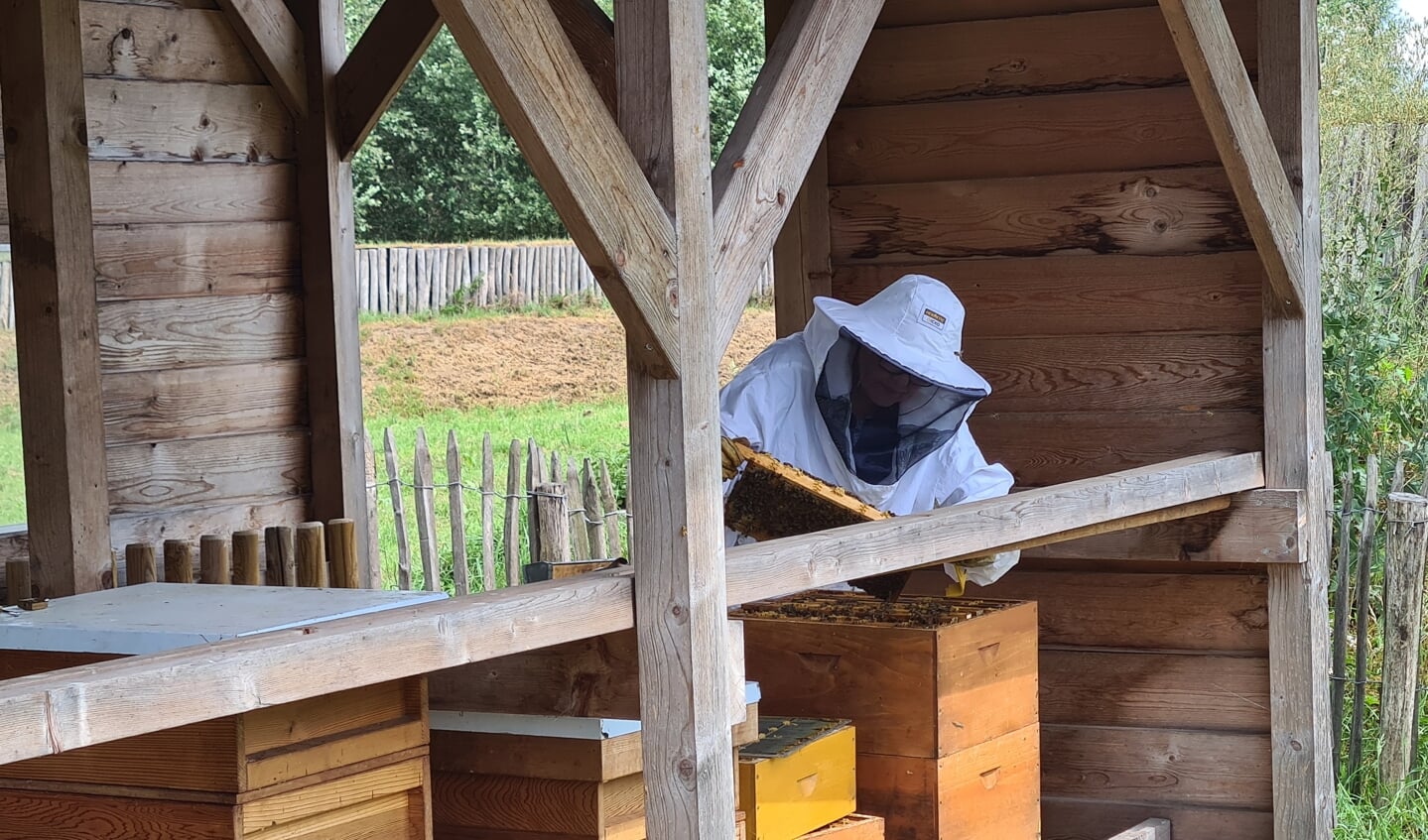 Imker aan het werk in de Bijenstal in de Weverslose Boerenschans.