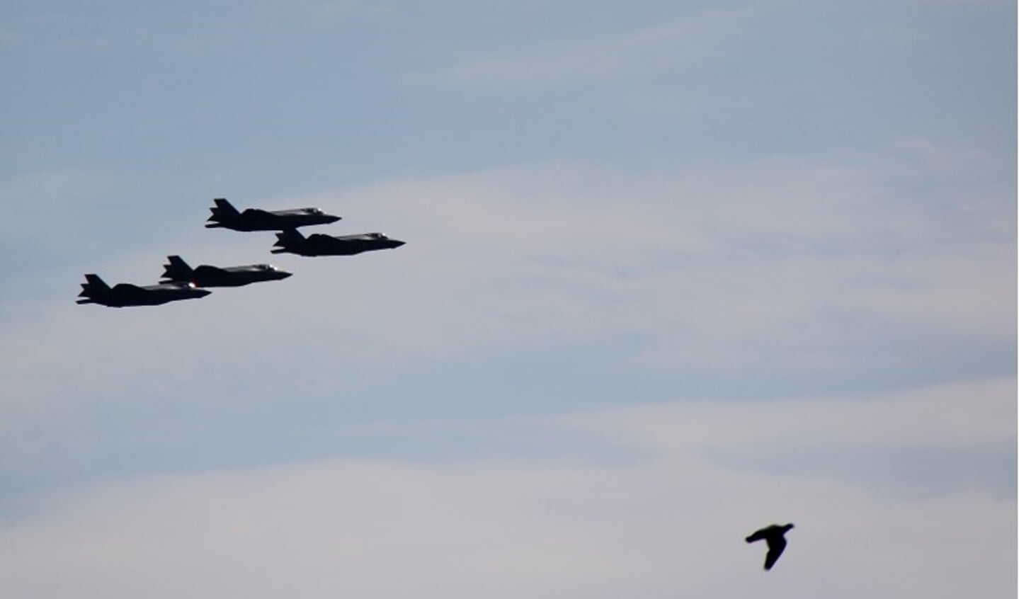 De vier F-35 toestellen vliegen in formatie over vliegbasis Volkel. 