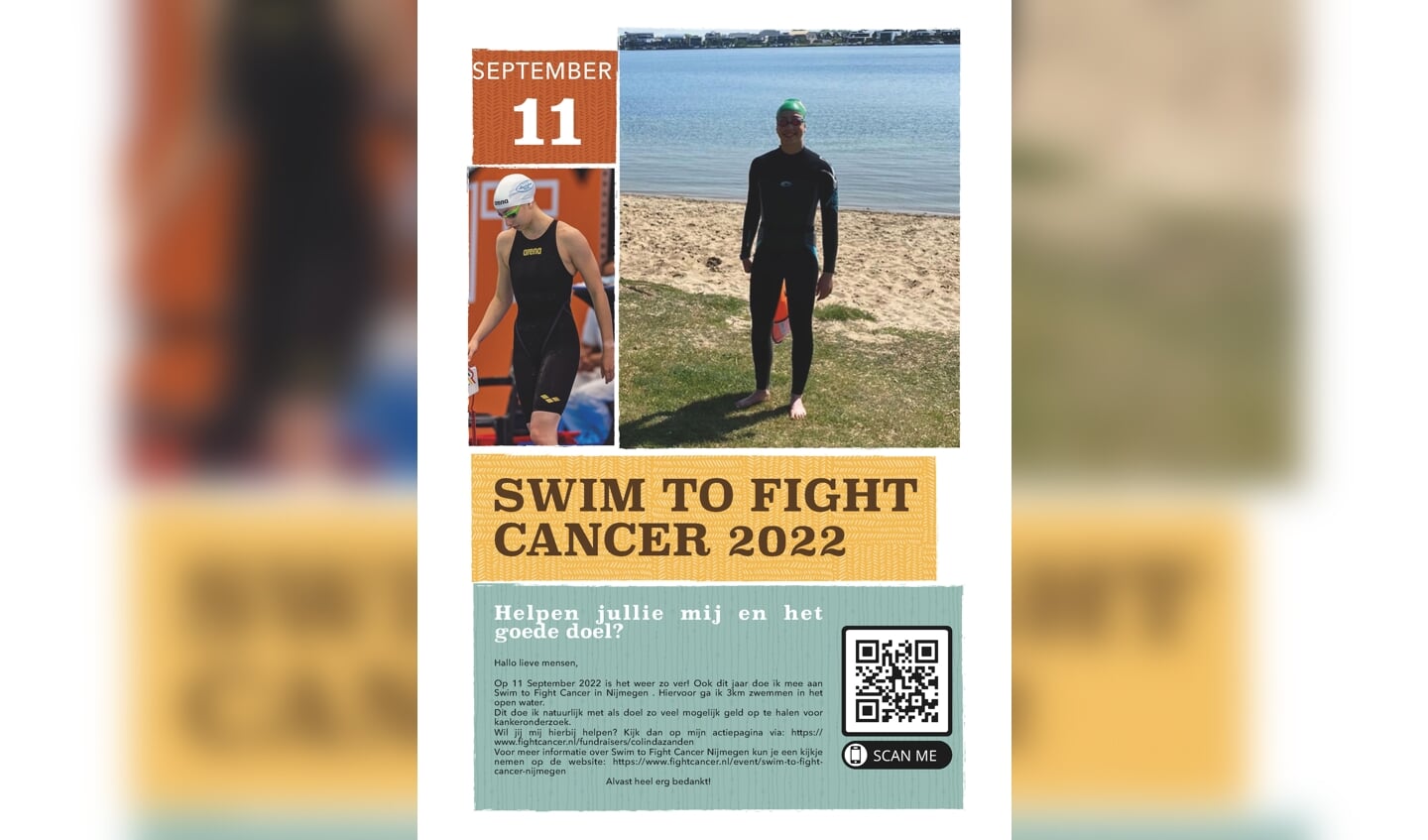 Colinda van der Zanden neemt op 11 september opnieuw deel aan Swim to Fight Cancer. 