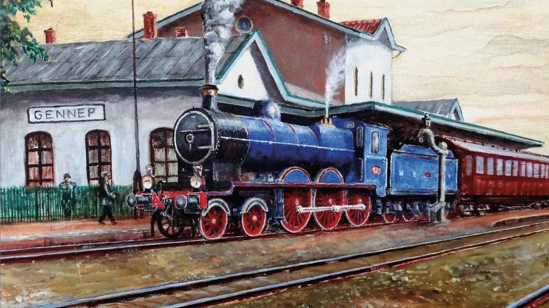 Schilderij van de Blauwe Brabander, zoals de locomotieven van de NBDS werden genoemd