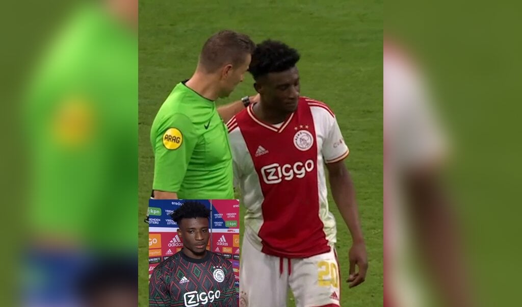 Pol van Boekel in gesprek met toenmalig Ajax-voetballer Mohammed Kudus: eerbetoon, geen geel.   